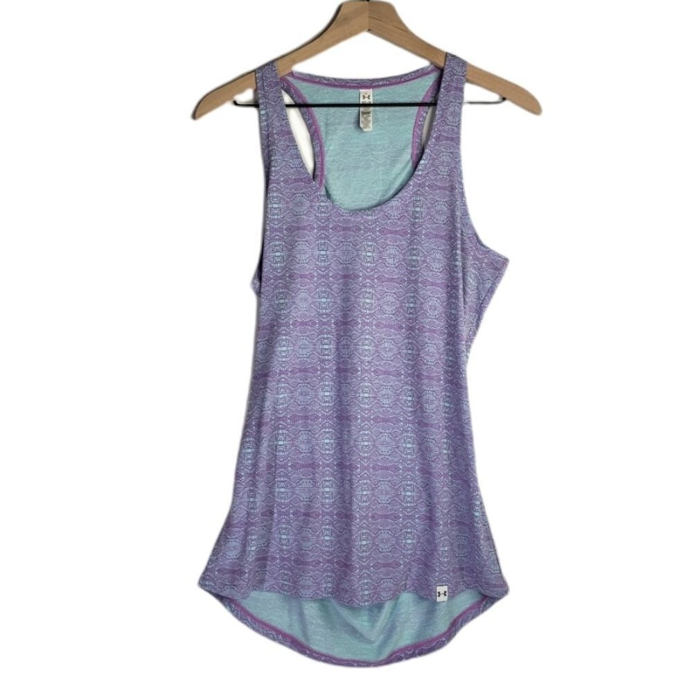 Under Armour Open Back Semi Fitted Tank Top M Purple Aqua Print Heat Gear